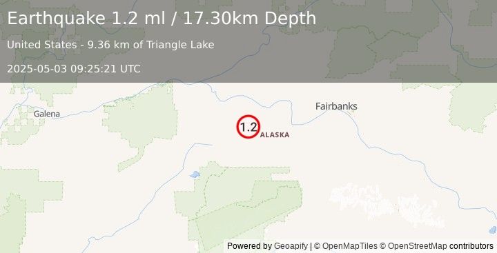 Earthquake 49 km S of Manley Hot Springs, Alaska (1.2 ml) (2025-05-03 09:25:21 UTC)