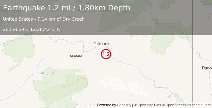 Earthquake 25 km SW of Eielson Air Force Base, Alaska (1.2 ml) (2025-05-03 12:28:42 UTC)