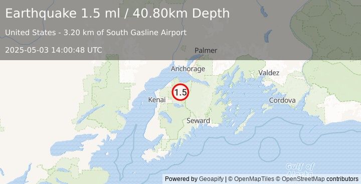 Earthquake 33 km NW of Cooper Landing, Alaska (1.5 ml) (2025-05-03 14:00:48 UTC)