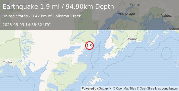 Earthquake 54 km E of Pedro Bay, Alaska (1.9 ml) (2025-05-03 14:38:32 UTC)