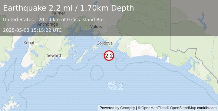 Earthquake 52 km SSE of Cordova, Alaska (2.2 ml) (2025-05-03 15:15:22 UTC)