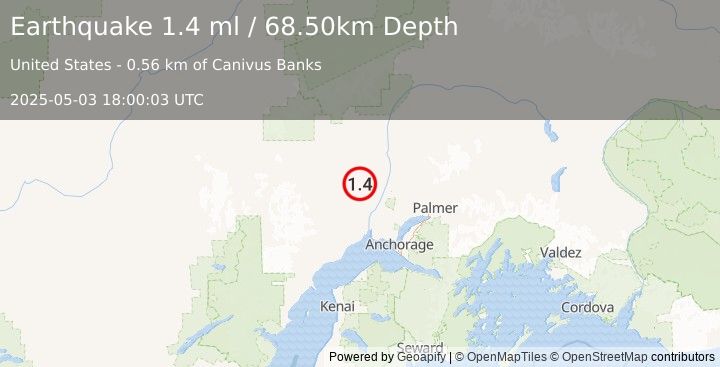 Earthquake 36 km NNW of Susitna, Alaska (1.4 ml) (2025-05-03 18:00:03 UTC)
