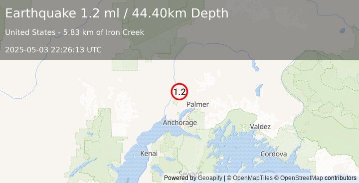 Earthquake 14 km NNE of Willow, Alaska (1.2 ml) (2025-05-03 22:26:13 UTC)