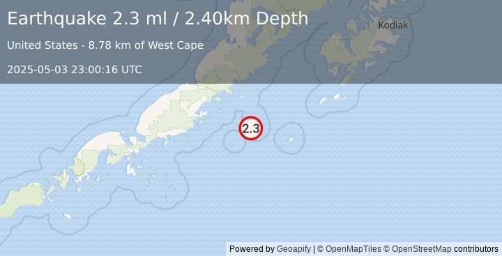 Earthquake 99 km ESE of Chignik, Alaska (2.3 ml) (2025-05-03 23:00:16 UTC)