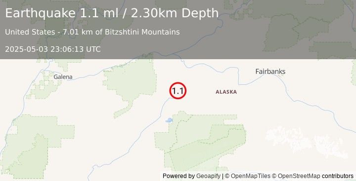 Earthquake 69 km NNE of Lake Minchumina, Alaska (1.1 ml) (2025-05-03 23:06:13 UTC)