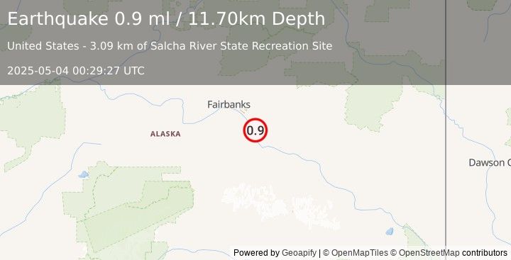 Earthquake 3 km S of Salcha, Alaska (0.9 ml) (2025-05-04 00:29:27 UTC)