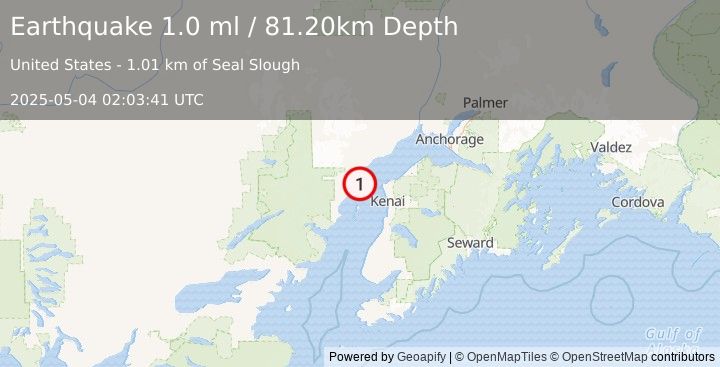 Earthquake 31 km W of Nikiski, Alaska (1.0 ml) (2025-05-04 02:03:41 UTC)