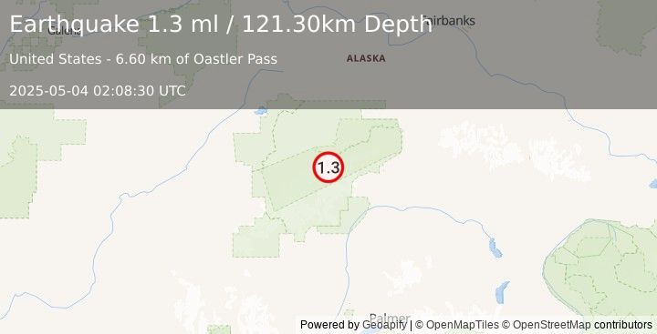 Earthquake 63 km ESE of Denali National Park, Alaska (1.3 ml) (2025-05-04 02:08:30 UTC)