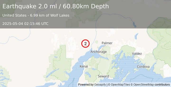 Earthquake 31 km W of Susitna, Alaska (2.0 ml) (2025-05-04 02:15:46 UTC)