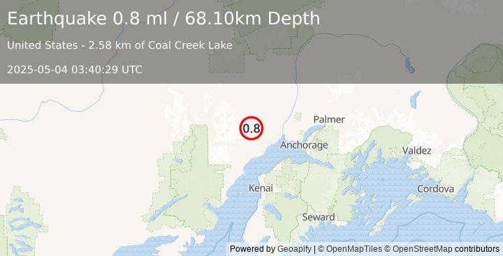 Earthquake 44 km NW of Beluga, Alaska (0.8 ml) (2025-05-04 03:40:29 UTC)