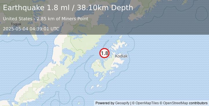 Earthquake 44 km NNE of Larsen Bay, Alaska (1.8 ml) (2025-05-04 04:39:01 UTC)