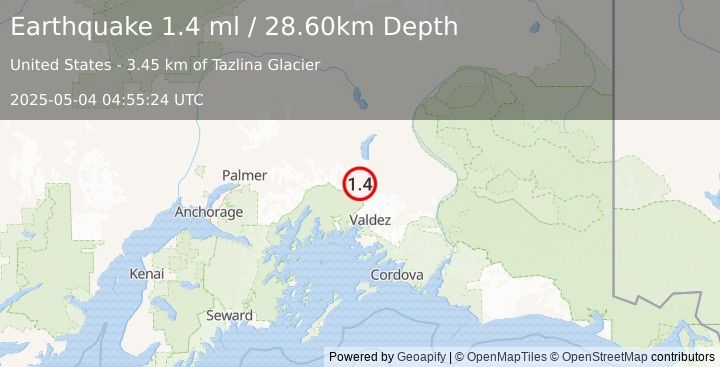 Earthquake 44 km NNW of Valdez, Alaska (1.4 ml) (2025-05-04 04:55:24 UTC)