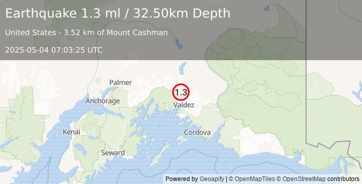 Earthquake 30 km NNW of Valdez, Alaska (1.3 ml) (2025-05-04 07:03:25 UTC)