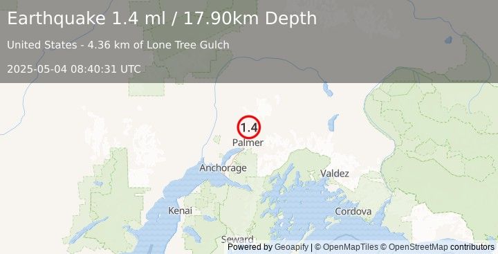 Earthquake 12 km N of Buffalo Soapstone, Alaska (1.4 ml) (2025-05-04 08:40:31 UTC)