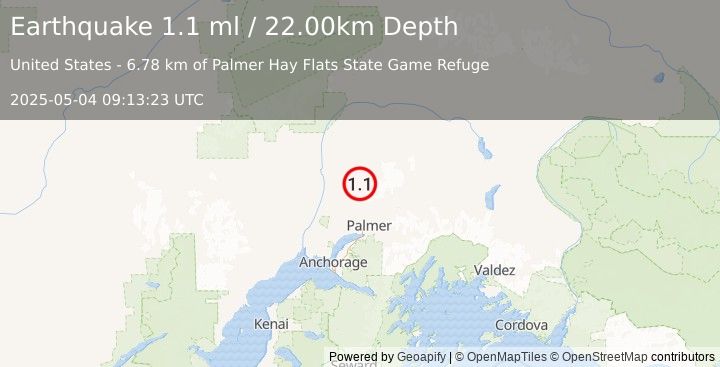 Earthquake 31 km ESE of Susitna North, Alaska (1.1 ml) (2025-05-04 09:13:23 UTC)