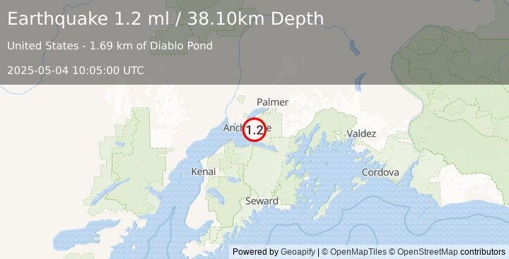 Earthquake 8 km SSW of Elmendorf Air Force Base, Alaska (1.2 ml) (2025-05-04 10:05:00 UTC)