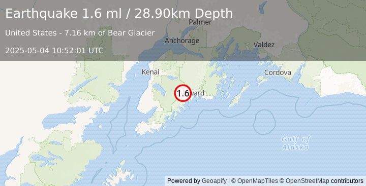 Earthquake 22 km W of Seward, Alaska (1.6 ml) (2025-05-04 10:52:01 UTC)