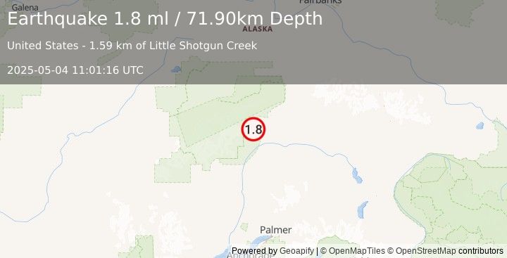 Earthquake 56 km SW of Cantwell, Alaska (1.8 ml) (2025-05-04 11:01:16 UTC)