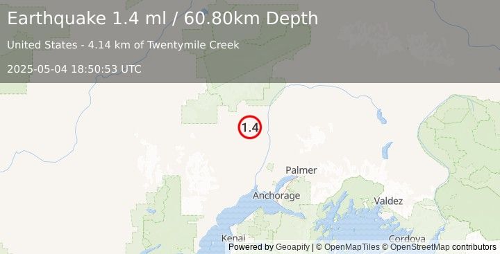Earthquake 27 km WSW of Trapper Creek, Alaska (1.4 ml) (2025-05-04 18:50:53 UTC)