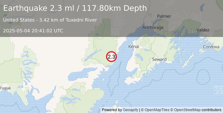 Earthquake 66 km WNW of Ninilchik, Alaska (2.3 ml) (2025-05-04 20:41:02 UTC)