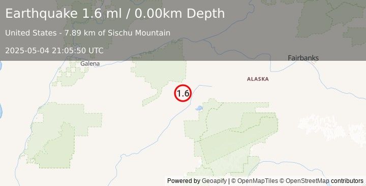 Earthquake 44 km NW of Lake Minchumina, Alaska (1.6 ml) (2025-05-04 21:05:50 UTC)