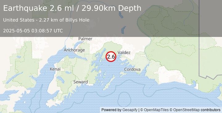 Earthquake 35 km WNW of Tatitlek, Alaska (2.6 ml) (2025-05-05 03:08:57 UTC)