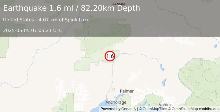 Earthquake 38 km NNW of Chase, Alaska (1.6 ml) (2025-05-05 07:05:21 UTC)