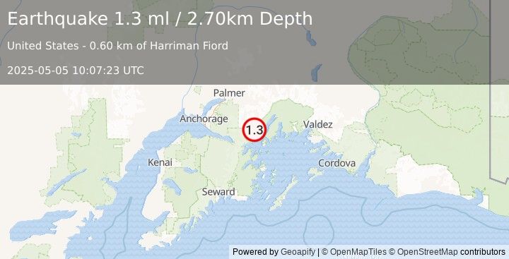 Earthquake 36 km NNE of Whittier, Alaska (1.3 ml) (2025-05-05 10:07:23 UTC)