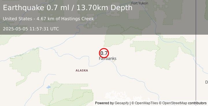 Earthquake 17 km NW of Farmers Loop, Alaska (0.7 ml) (2025-05-05 11:57:31 UTC)
