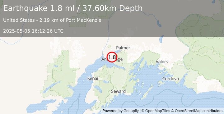 Earthquake 7 km N of Anchorage, Alaska (1.8 ml) (2025-05-05 16:12:26 UTC)