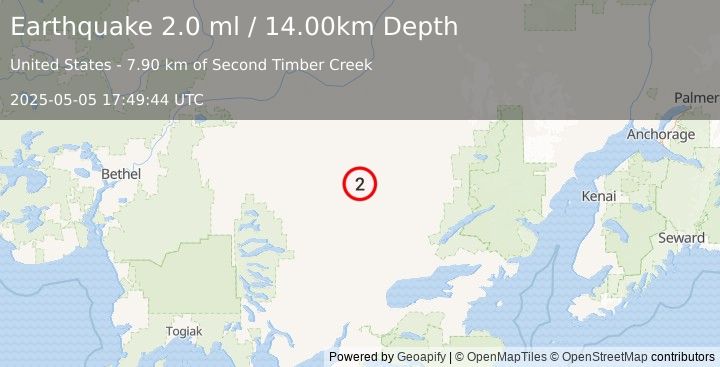 Earthquake 94 km SW of Lime Village, Alaska (2.0 ml) (2025-05-05 17:49:44 UTC)