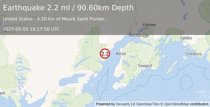 Earthquake 62 km W of Salamatof, Alaska (2.2 ml) (2025-05-05 19:17:58 UTC)