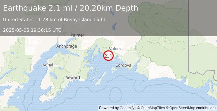 Earthquake 9 km WNW of Tatitlek, Alaska (2.1 ml) (2025-05-05 19:36:15 UTC)