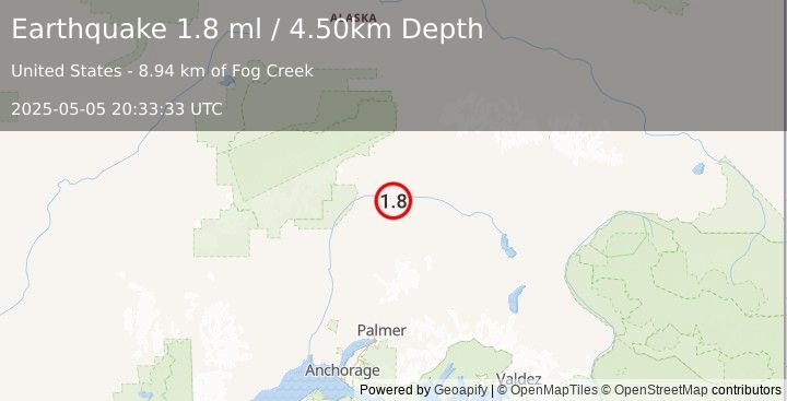 Earthquake 64 km S of Cantwell, Alaska (1.8 ml) (2025-05-05 20:33:33 UTC)