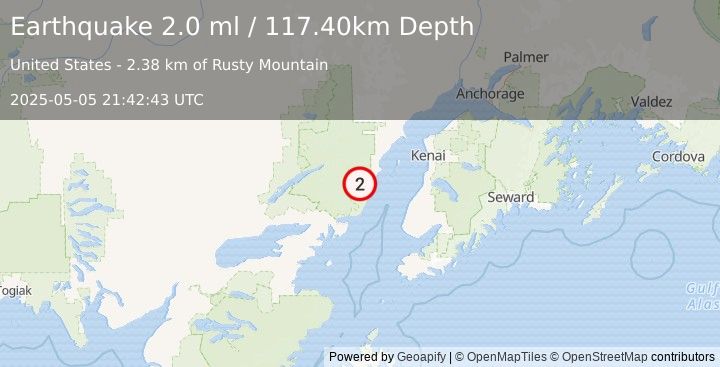 Earthquake 64 km WNW of Ninilchik, Alaska (2.0 ml) (2025-05-05 21:42:43 UTC)