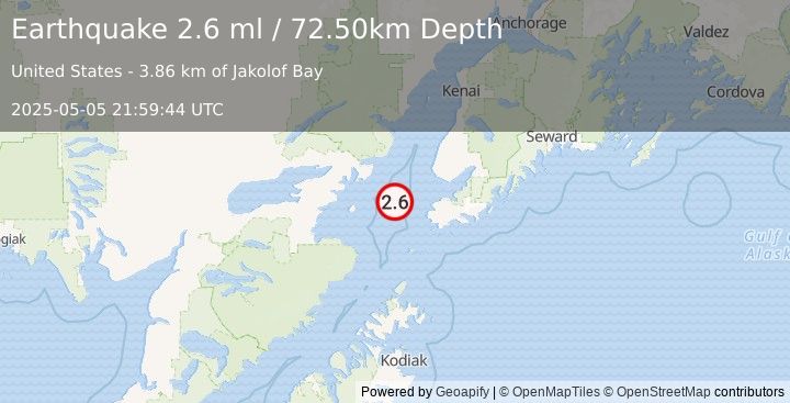 Earthquake 38 km WNW of Nanwalek, Alaska (2.6 ml) (2025-05-05 21:59:44 UTC)