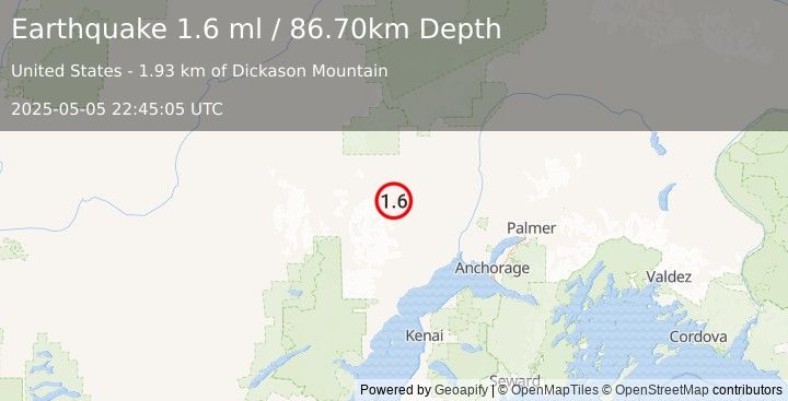 Earthquake 28 km WSW of Skwentna, Alaska (1.6 ml) (2025-05-05 22:45:05 UTC)