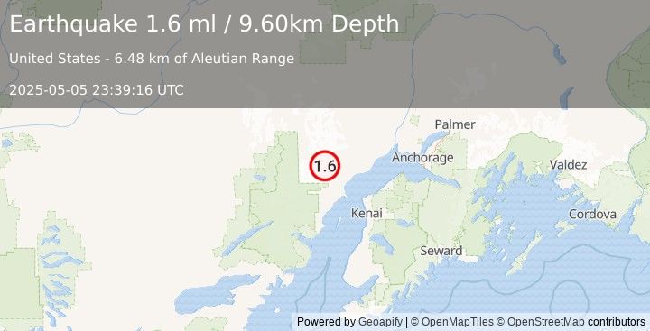 Earthquake 61 km W of Tyonek, Alaska (1.6 ml) (2025-05-05 23:39:16 UTC)
