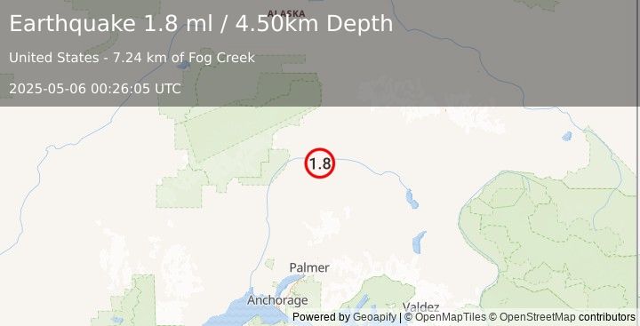 Earthquake 65 km S of Cantwell, Alaska (1.8 ml) (2025-05-06 00:26:05 UTC)