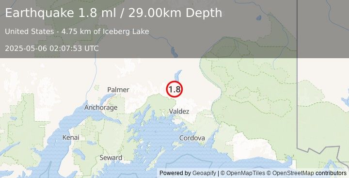 Earthquake 43 km SSE of Nelchina, Alaska (1.8 ml) (2025-05-06 02:07:53 UTC)