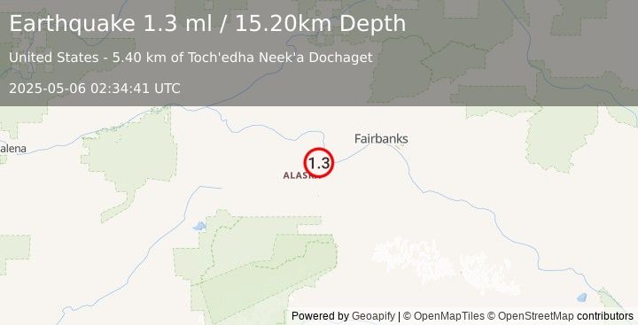 Earthquake 7 km WSW of Four Mile Road, Alaska (1.3 ml) (2025-05-06 02:34:41 UTC)