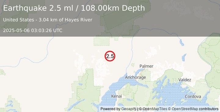 Earthquake 18 km WSW of Skwentna, Alaska (2.5 ml) (2025-05-06 03:03:26 UTC)