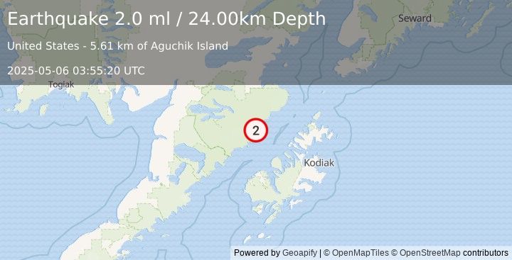 Earthquake 84 km N of Karluk, Alaska (2.0 ml) (2025-05-06 03:55:20 UTC)
