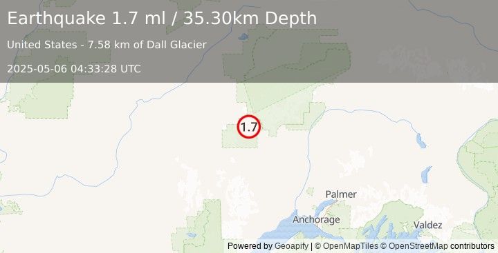 Earthquake 66 km W of Petersville, Alaska (1.7 ml) (2025-05-06 04:33:28 UTC)