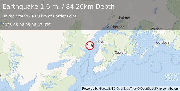 Earthquake 46 km WNW of Clam Gulch, Alaska (1.6 ml) (2025-05-06 05:06:47 UTC)