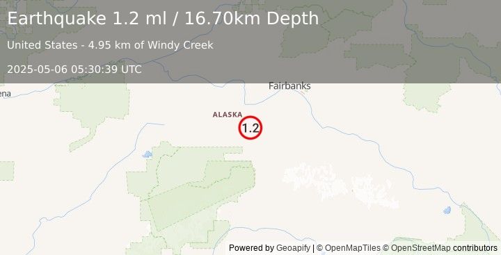 Earthquake 11 km E of Clear, Alaska (1.2 ml) (2025-05-06 05:30:39 UTC)