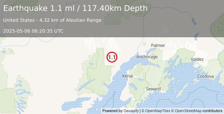 Earthquake 67 km WNW of Tyonek, Alaska (1.1 ml) (2025-05-06 06:20:35 UTC)