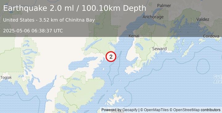 Earthquake 59 km W of Anchor Point, Alaska (2.0 ml) (2025-05-06 06:38:37 UTC)