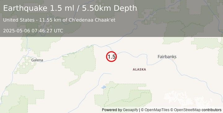 Earthquake 42 km SSE of Tanana, Alaska (1.5 ml) (2025-05-06 07:46:27 UTC)