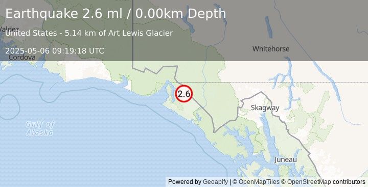 Earthquake 57 km ENE of Yakutat, Alaska (2.6 ml) (2025-05-06 09:19:18 UTC)